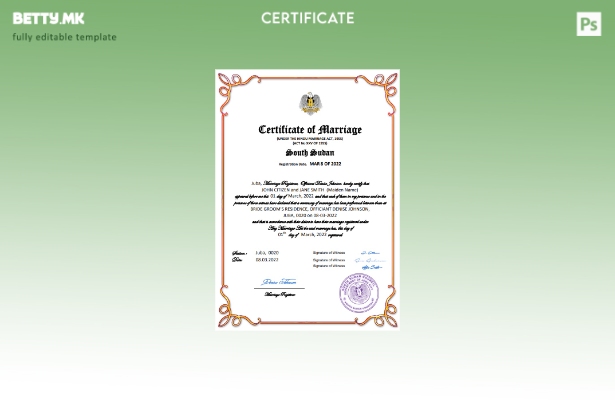 модерен стил Уверение за брак од Јужен Судан Шаблон за шаблон Word и PDF